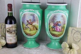 Pair French Green Vieux Paris Porcelain Victorian Romantic Scene Vases 1900