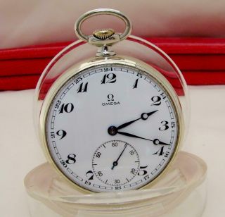 1947 Omega 15 Jewels Pocket Watch 24 H Dial In Nickel Silver Case Runs