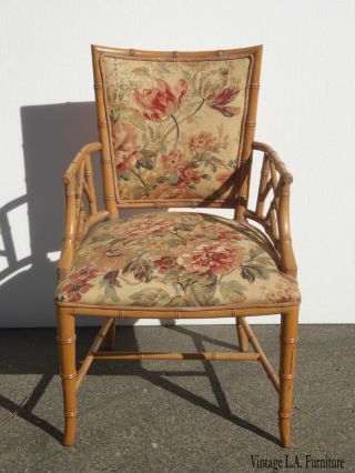 Vintage Chinese Chippendale Bamboo Rattan Accent Chair W Gold Floral Fabric