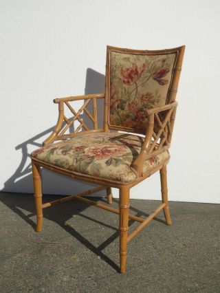 Vintage Chinese Chippendale Bamboo Rattan Accent Chair w Gold Floral Fabric 2