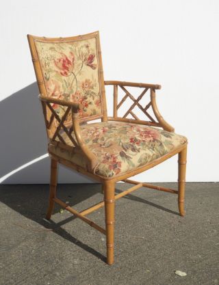 Vintage Chinese Chippendale Bamboo Rattan Accent Chair w Gold Floral Fabric 3