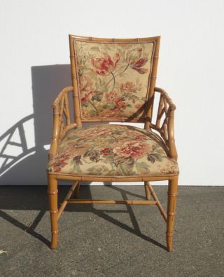 Vintage Chinese Chippendale Bamboo Rattan Accent Chair w Gold Floral Fabric 4