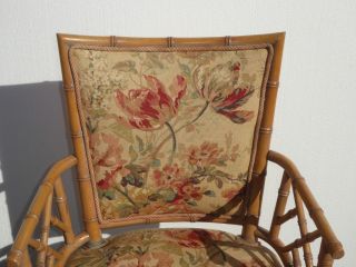 Vintage Chinese Chippendale Bamboo Rattan Accent Chair w Gold Floral Fabric 6