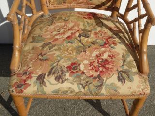 Vintage Chinese Chippendale Bamboo Rattan Accent Chair w Gold Floral Fabric 7