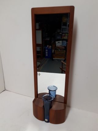 1960s Randers Møbelfabrik Teak Mirror With Blue Holmegaard Vase