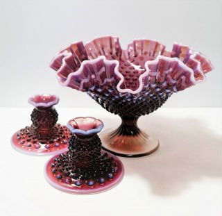 Vintage Fenton Plum Opalescent Hobnail Footed Bowl,  Candle/candlestick Holders