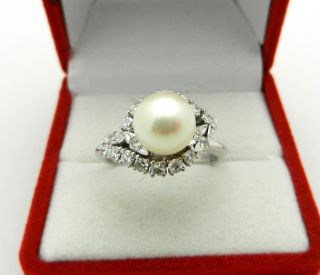 Vintage 750 (18k) White Gold Cluster Diamond And Pearl Ring