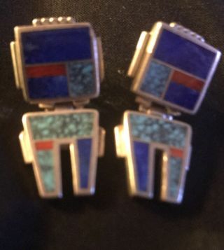 Vintage Ray Tracey Knifewing Sterling Silver Turquoise Lapis Earrings Navajo 4