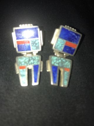 Vintage Ray Tracey Knifewing Sterling Silver Turquoise Lapis Earrings Navajo 5