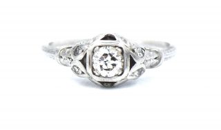 Antique Art Deco Diamond Platinum Engagement Ring Engraved Filigree Size 6.  75