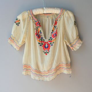 Vtg 1930s Hungarian Embroidered Peasant Blouse Sheer White Cotton 30s Bohemian