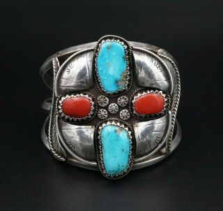 Vintage Navajo Sterling Silver Turquoise Red Coral Cuff Bracelet 6.  5 " J Bs2027