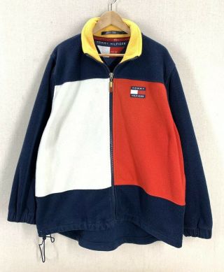 Vintage Tommy Hilfiger Flag Logo Colorblock Spell Out Fleece Jacket Large Euc