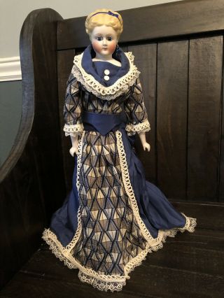 Antique Rare 14” Cobalt Glass Eyed Antique German Parian Fashion China Doll
