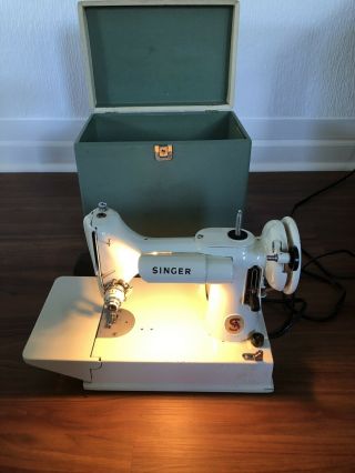 Vintage Singer Sewing Machine 221 221k Featherweight Portable White With Case