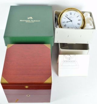 Vtg Matthew Norman Swiss Quartz Like Marine Chronometer Clock In Wooden Box Gold