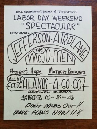 Vintage 1967 Bill Quarry Rock Concert Handbill Flyer Jefferson Airplane Mojo Men