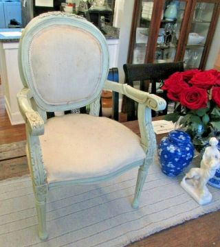 Antique Louis Xv French Carved Wood Child’s Doll Arm Chair Shabby Chic Gree