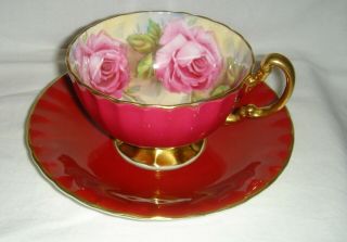 Vintage English Aynsley Burgundy Cup & Saucer Large Pink Flowers & Gold 1031