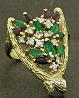 Vintage Heavy 14k Gold 2.  67ctw Diamond Emerald Ruby Abstract Cocktail Ring