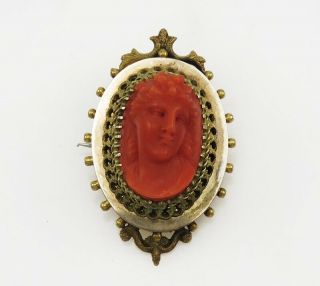 Antique Victorian Etruscan Revival 14k Gold & Carved Coral Cameo Pin/brooch