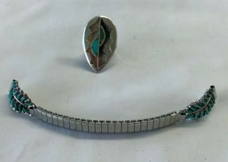 Vintage Zuni Turquoise Petit Point Sterling Silver Watchband Marked Zuni Lg