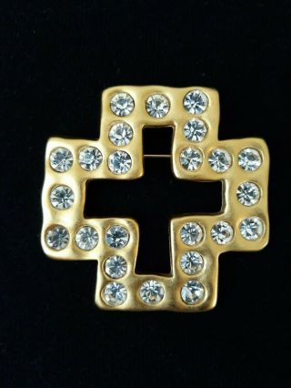 Rare Vintage Signed Givenchy Gold Tone Rhinestone Cross Brooch 2.  5 "