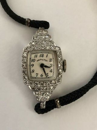 Vintage 14k White Gold And Diamond Ladies Hamilton Wrist Watch