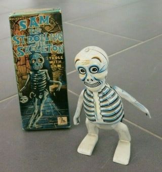 Vintage Mikuni_wind Up Tin Toy Japan 1950 1960`s_sam The Strolling Skeleton_box