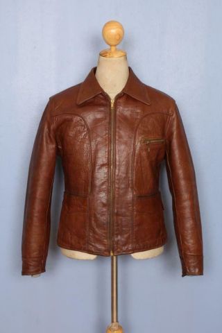 Vtg 1950s Horsehide Leather Sunburst Sports Half Belt Motorcycle Jacket S/xs