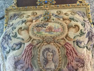 Antique Fine Needlework Tapestry Purse Evening Bag w Portrait & Stones In Frame 3