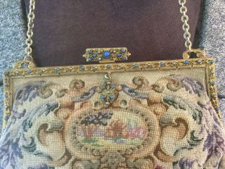 Antique Fine Needlework Tapestry Purse Evening Bag w Portrait & Stones In Frame 4