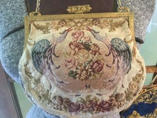 Antique Fine Needlework Tapestry Purse Evening Bag w Portrait & Stones In Frame 5