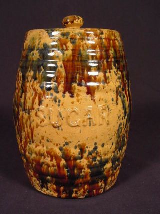 Rare C.  1860 Sugar Canister With Lid & Tri - Color Spatter Glaze Yellow Ware