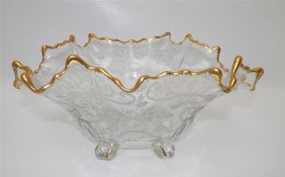 Vtg Cambridge Chantilly Etched Floral Glass Gold Trim Basket Ruffle Martha Bowl