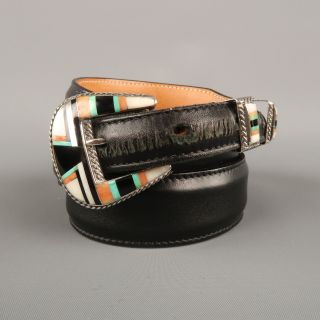 James Reid,  Ltd.  Size 36 Black Leather Belt With Custom Multi - Color Buckle