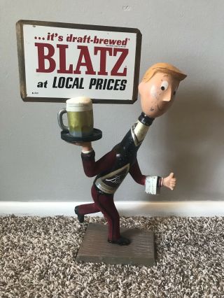 Vintage Blatz Beer Advertising Bar Sign Server With Sign.  Heavy Metal Statue