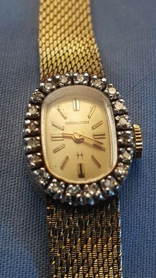 Vintage Ladies Hamilton 14k Yellow Gold W 20 Diamonds Analog Wristwatch Vgc (05