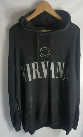 Mens Vintage Nirvana Smiley Hooded Hoodie Sweatshirt Xl Black Back Print 90s