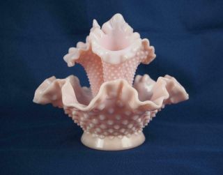 Vintage Pink Milk Glass Hobnail Trumpet Epergne Vases
