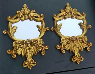 Vtg Pair Ornate Gold Carved Wood Wall Mirrors Small Hollywood Regency Italy