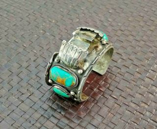 Vintage Navajo Silver Turquoise Roadrunner Cuff Bracelet 2
