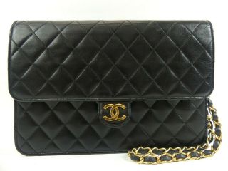 Ra1831 Auth Chanel Vintage Black Quilted Lambskin Push Lock Chain Shoulder Bag