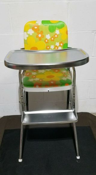 Vintage Cosco Retro Flower Power Vinyl Seat And Stainless Steal Tray High Chair