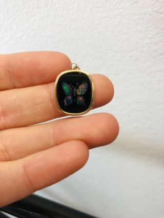 Vintage Sbs 14k Yellow Gold Black Onyx Opal Inlay Butterfly Charm Pendant