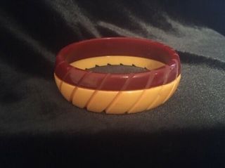 Vintage Bakelite Two Tone Laminated Carved Bangle Butterscotch Cinnabar 7/8 " W