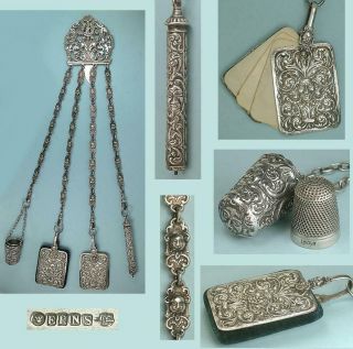 Ornate Antique Silver Sewing Chatelaine English 4 Attachments Circa 1890s
