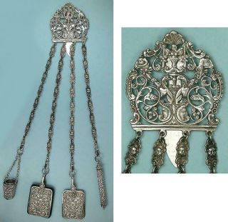 Ornate Antique Silver Sewing Chatelaine English 4 Attachments Circa 1890s 2