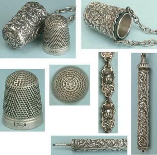 Ornate Antique Silver Sewing Chatelaine English 4 Attachments Circa 1890s 4