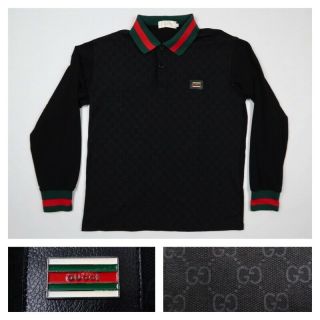 Gucci Mens Small Polo Shirt Long Sleeve Black Green Red Gg Print Vintage Bootleg